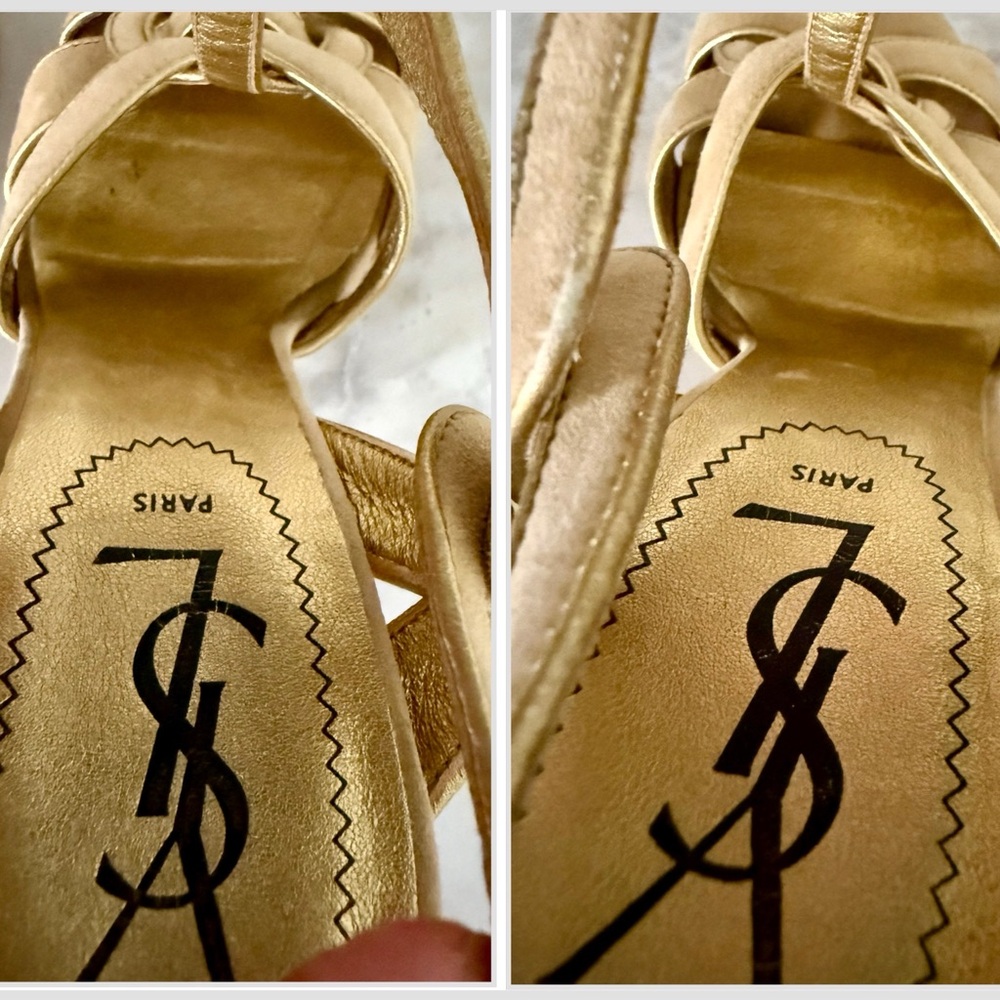 Yves Saint Laurent YSL Tribute Beige Tan Suede Gold Trim Platform Heels 37.5 - Picture 10 of 16